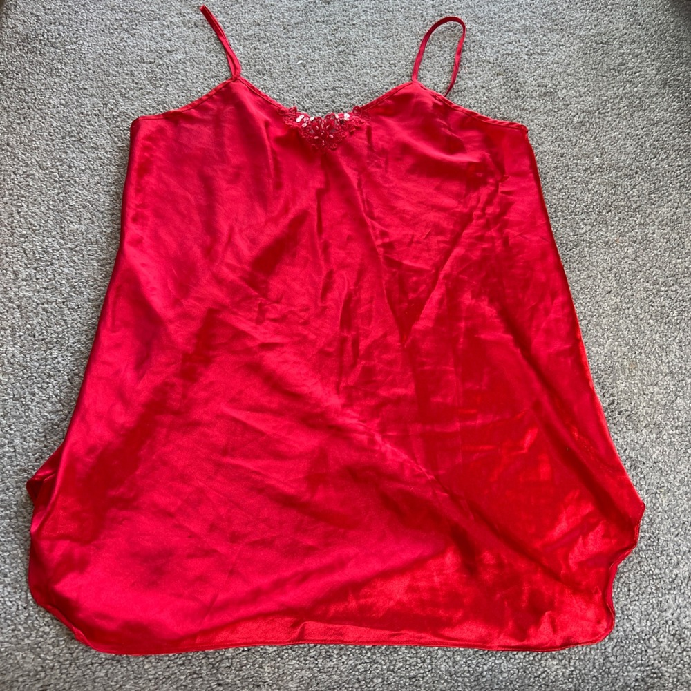 vtg camisole womens large red‎ usa Satin Lace Sequin V-Neck coquette boudoir